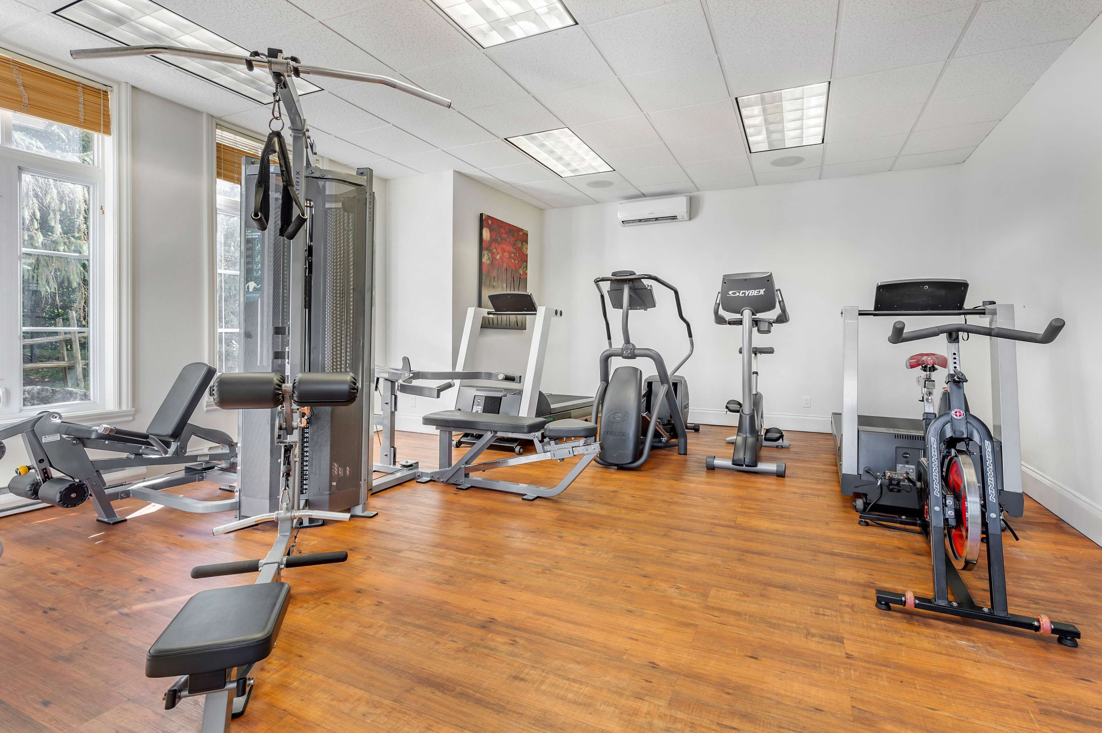 Ein Fitnessstudio mit unterschiedlichen Trainingsgeräten, großen Fenstern und Holzboden.