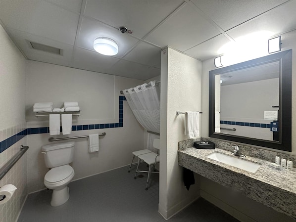 Un baño con inodoro, lavabo y zona de ducha.