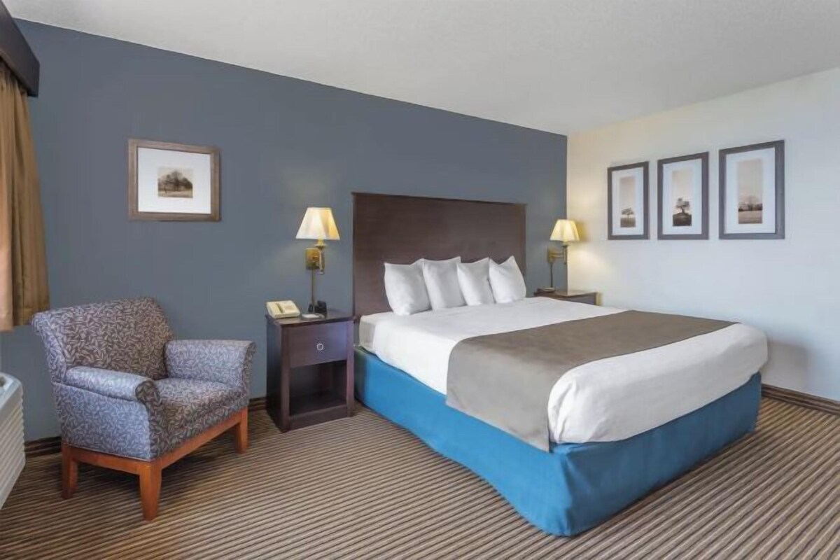 A hotel room with a large bed, a chair, two bedside tables with lamps, and framed pictures on the wall.
