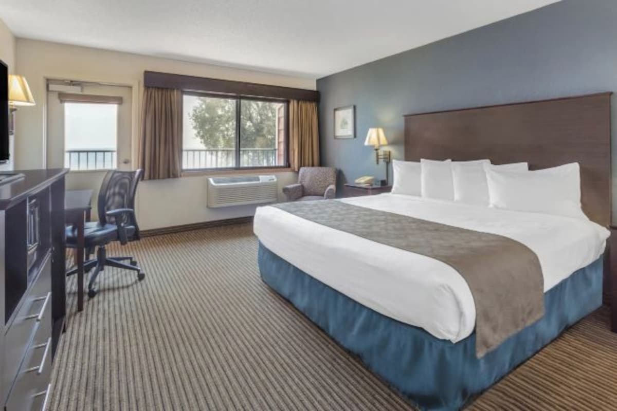 Una habitación de hotel con una cama grande, un escritorio con silla, un televisor y una ventana con cortinas.