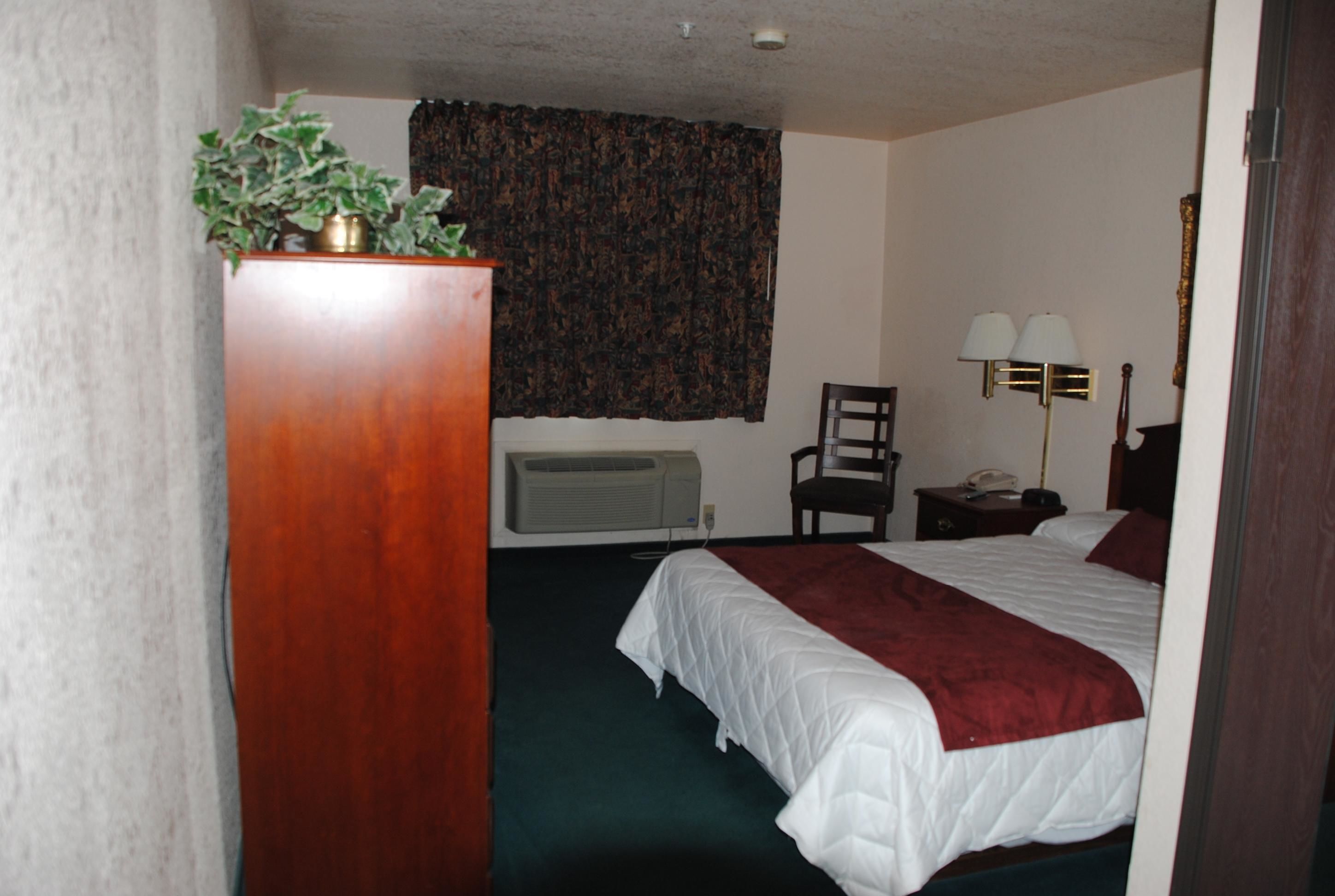 A hotel room with a bed, a chair, a desk with a lamp, and a potted plant.