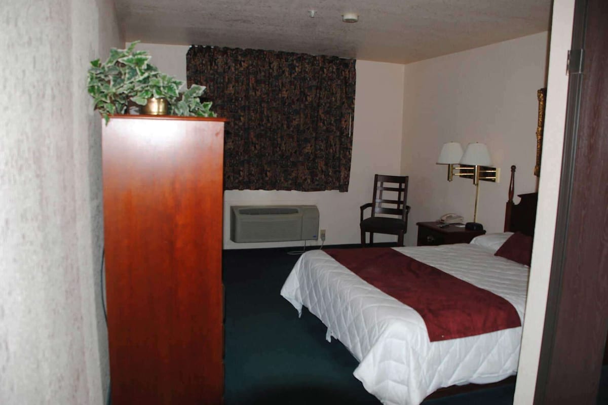 A hotel room with a bed, a chair, a desk with a lamp, a plant, and an air conditioning unit.