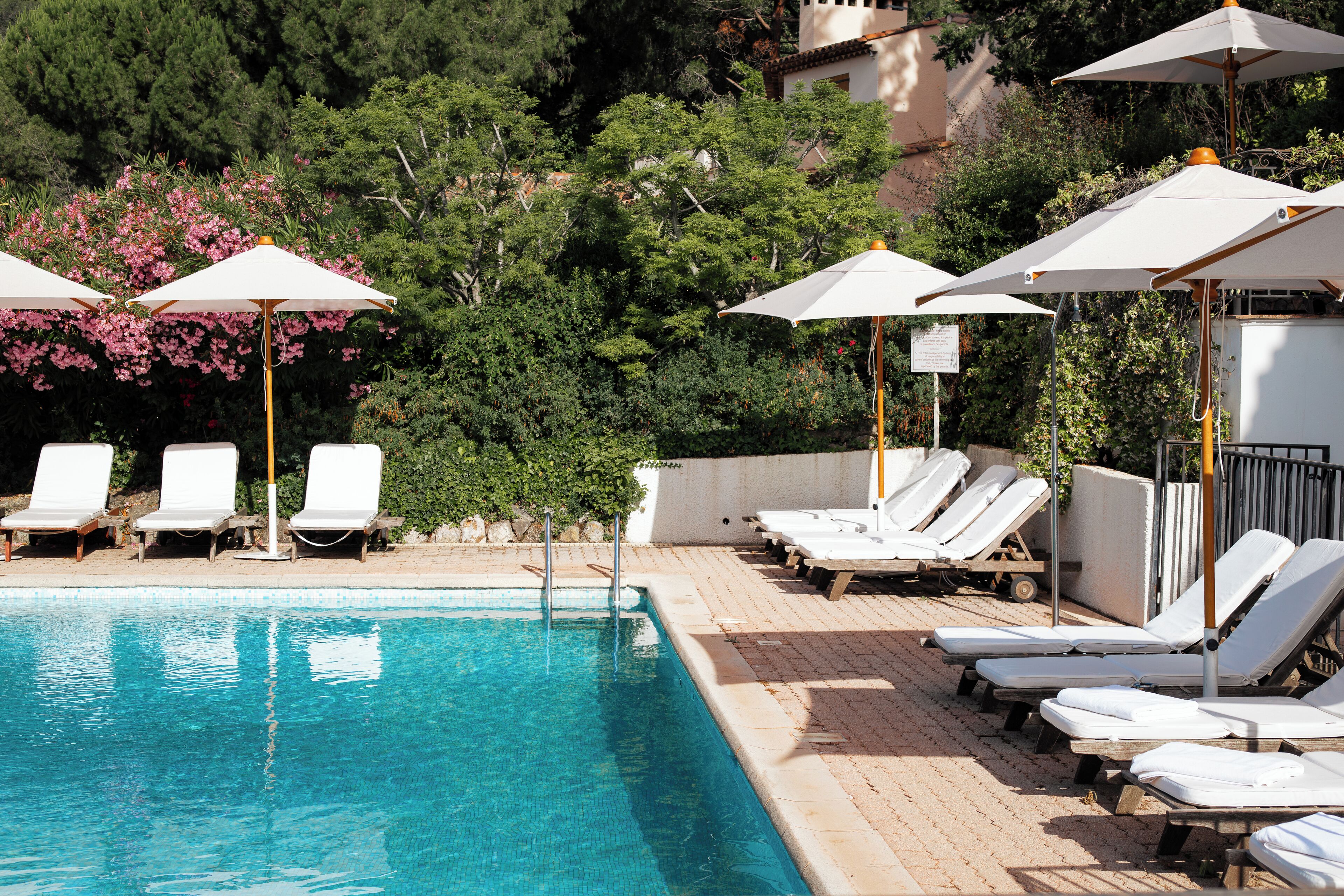 A swimming pool with lounge chairs and umbrellas, surrounded by greenery and trees.