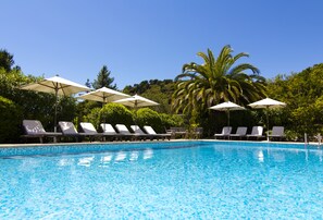Outdoor pool, open 8:00 AM to 9:00 PM, pool umbrellas, sun loungers