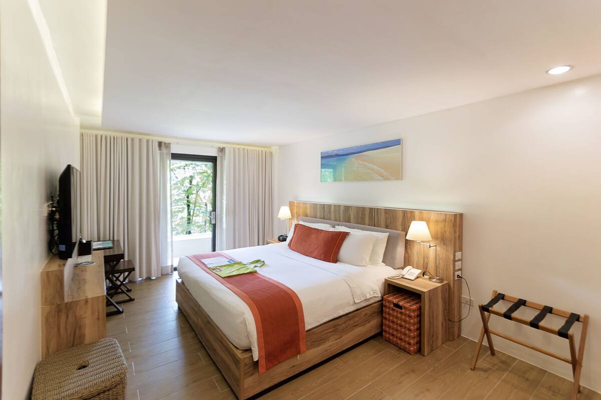 Quarto de hotel com cama, mesa de cabeceira, luminária, televisão e escrivaninha com cadeira.