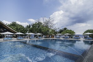Outdoor pool, pool umbrellas, pool loungers