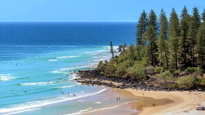 A beach with clear blue water, sandy shore, and dense forest. - Mantra Coolangatta Beach (Coolangatta)