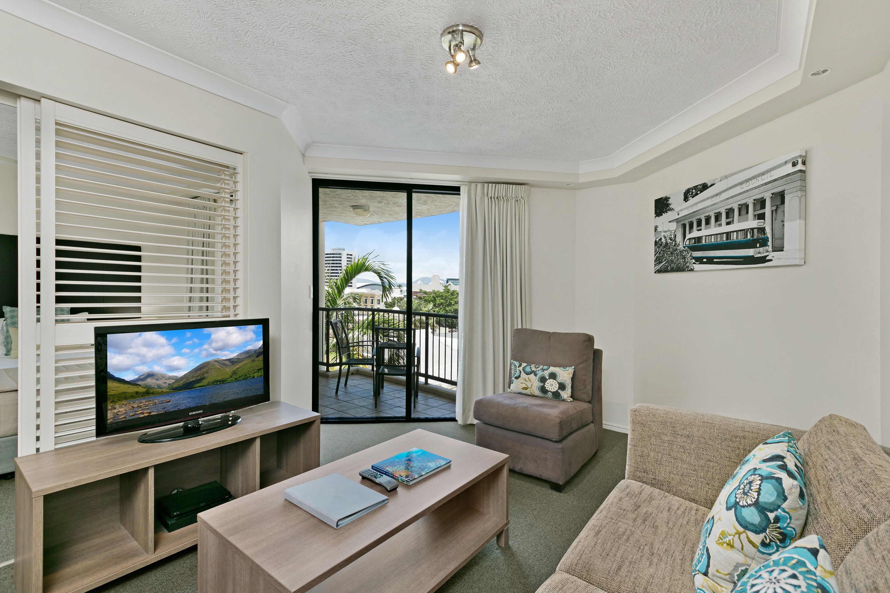 1 bedroom city view | living room | 32-inch tv with cable channels