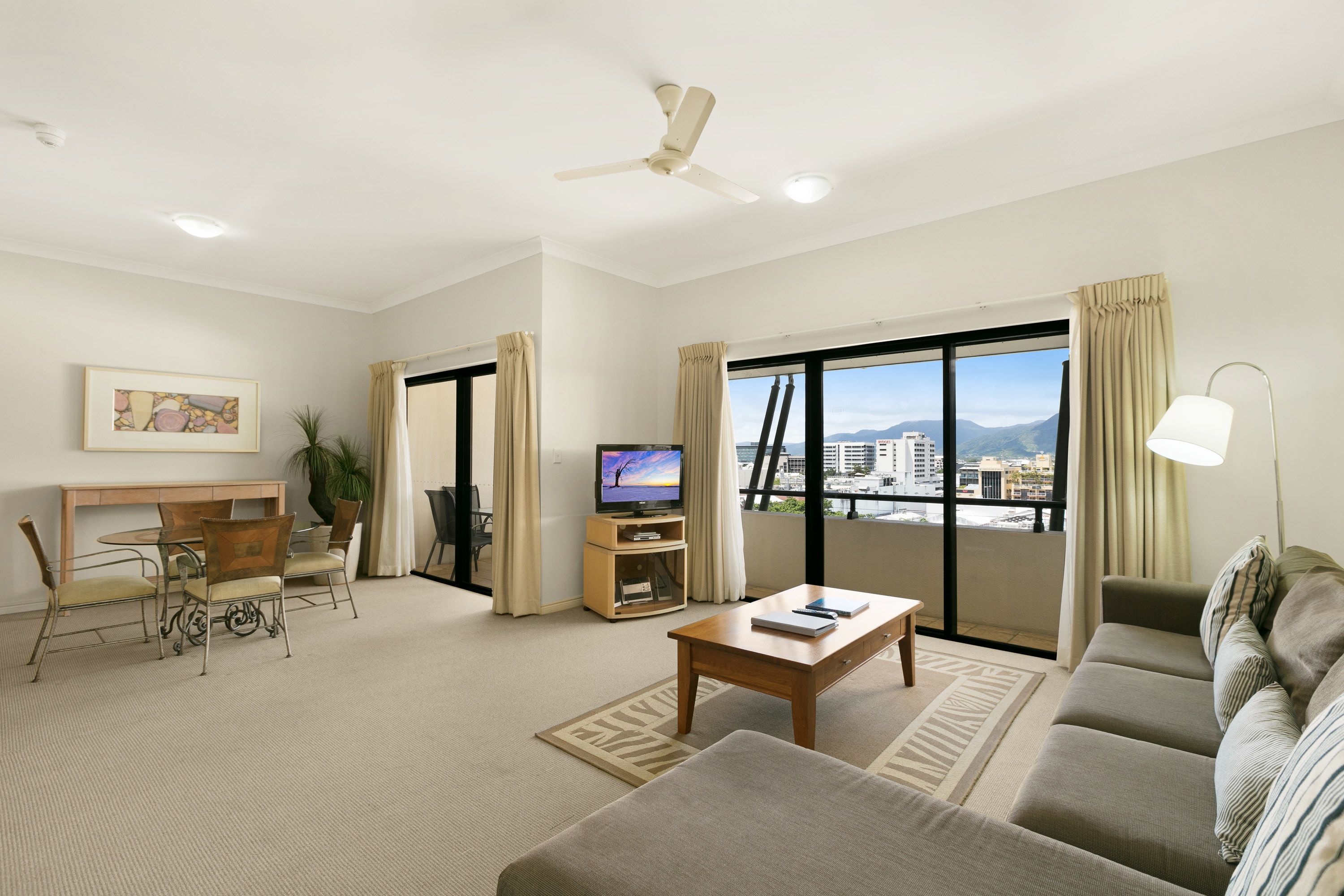 2 bedroom city view | living area | 32-inch tv with cable channels