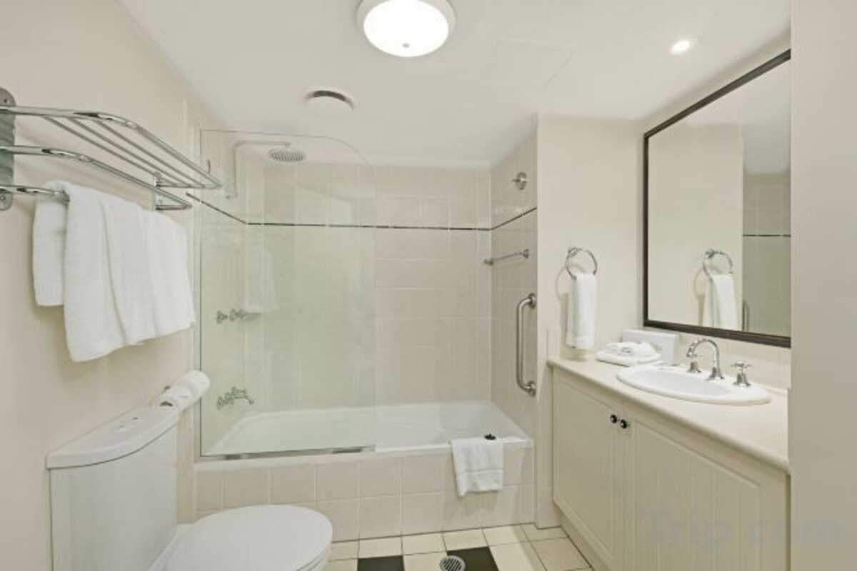 Combined shower/tub, hair dryer, towels