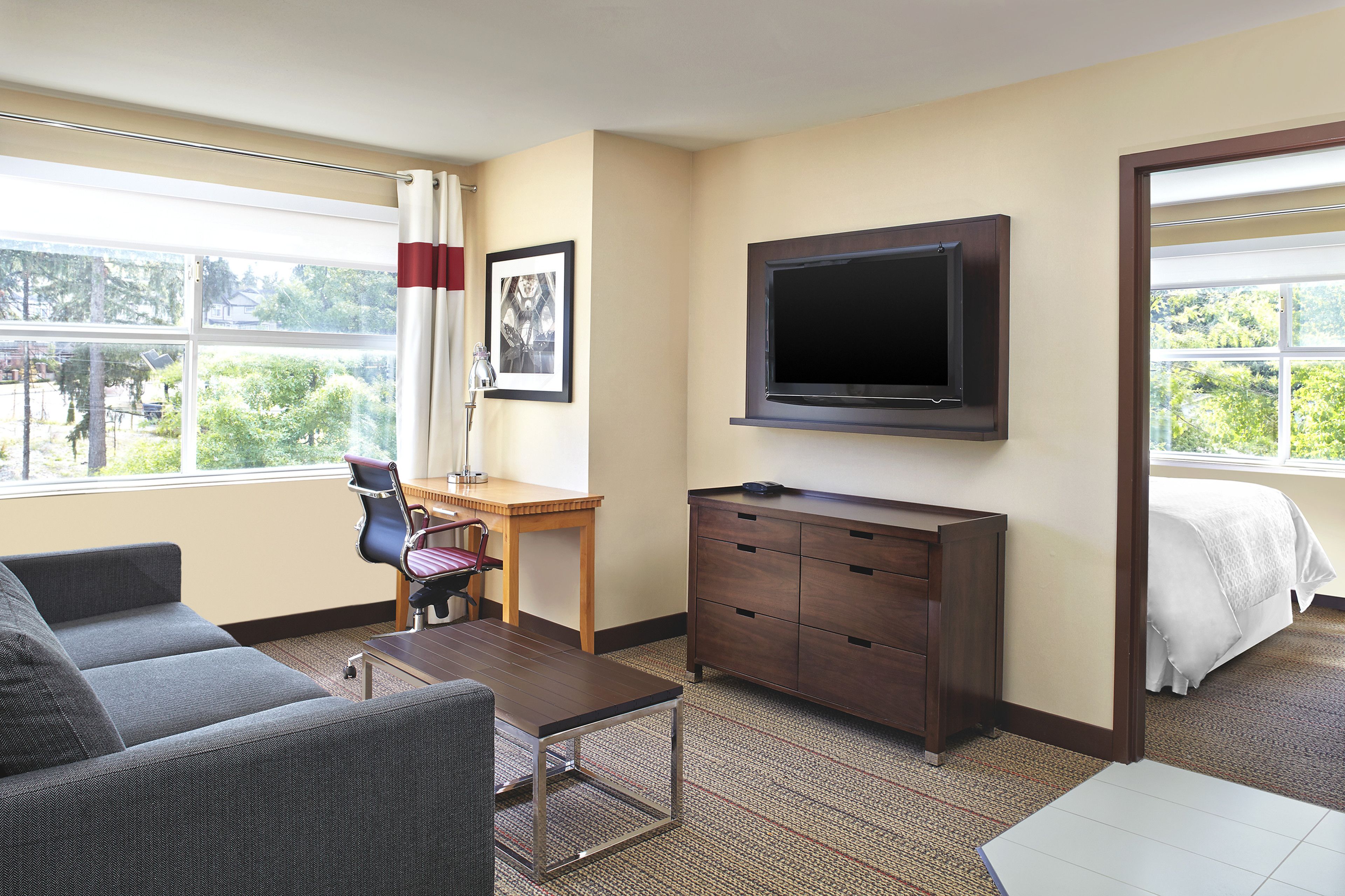 Quarto de hotel com sofá, escrivaninha, televisão fixada na parede, cama e janela com vista para áreas verdes.