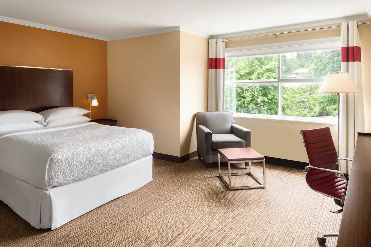 Una habitación de hotel con una cama grande, dos sillas, una mesita y una ventana con cortinas.