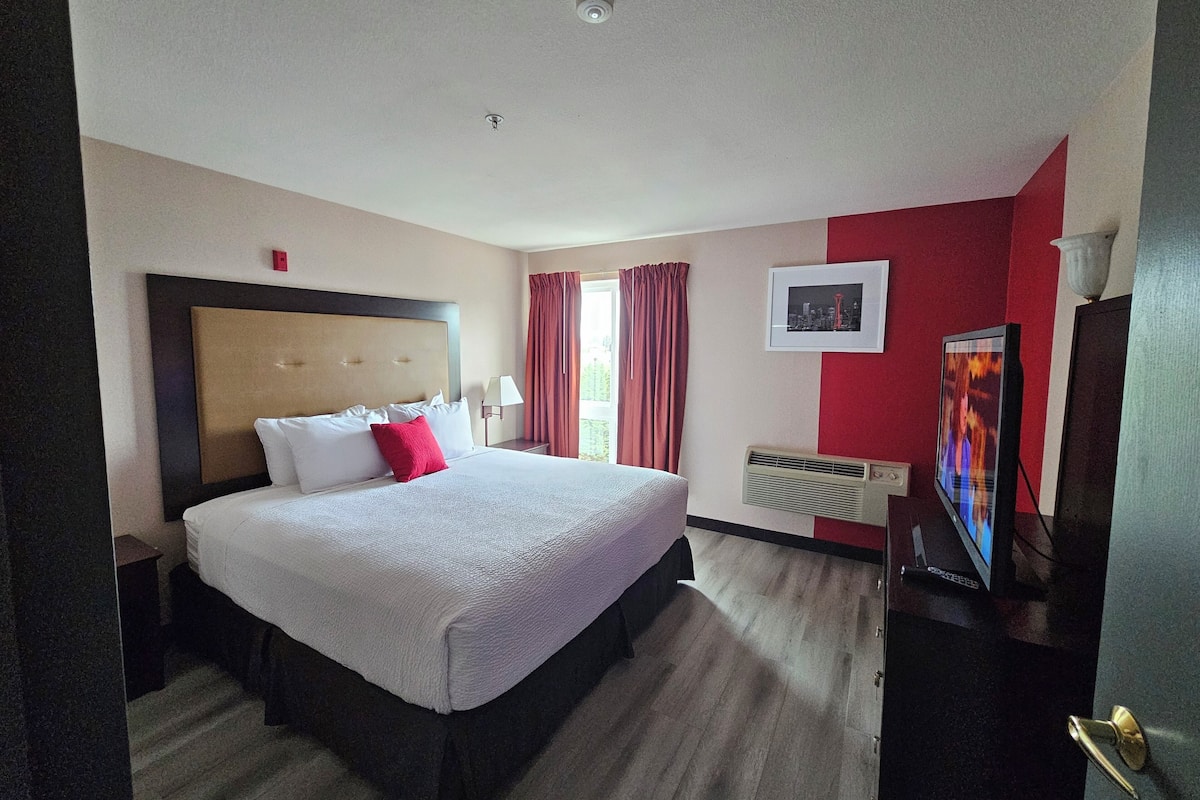 A hotel room with a large bed, a bedside table with a lamp, a window with red curtains, a framed picture on the wall, and a television.