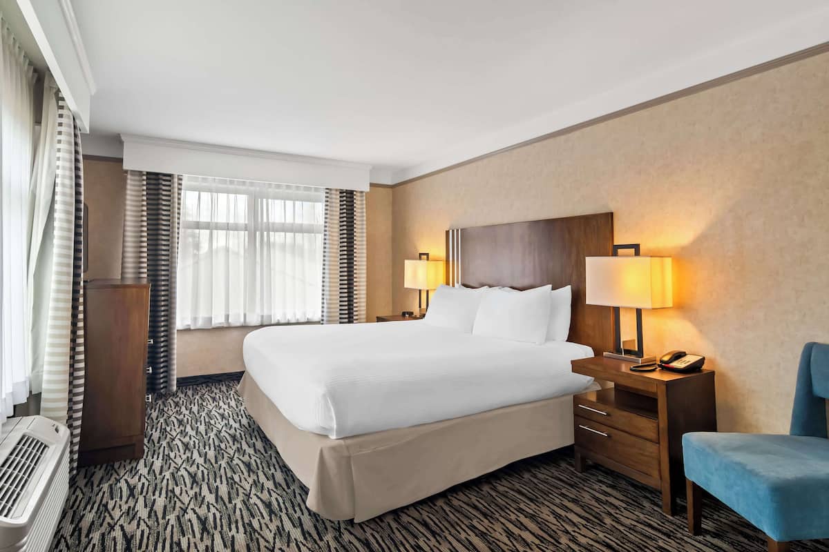 A hotel room with a large bed, two bedside lamps, a desk with a telephone, a chair, and a radiator.