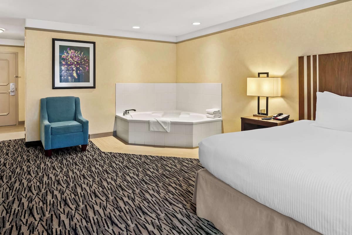 A hotel room with a large bed, a sitting area with a chair, a bathtub, a bedside table with a lamp, and a framed picture on the wall.