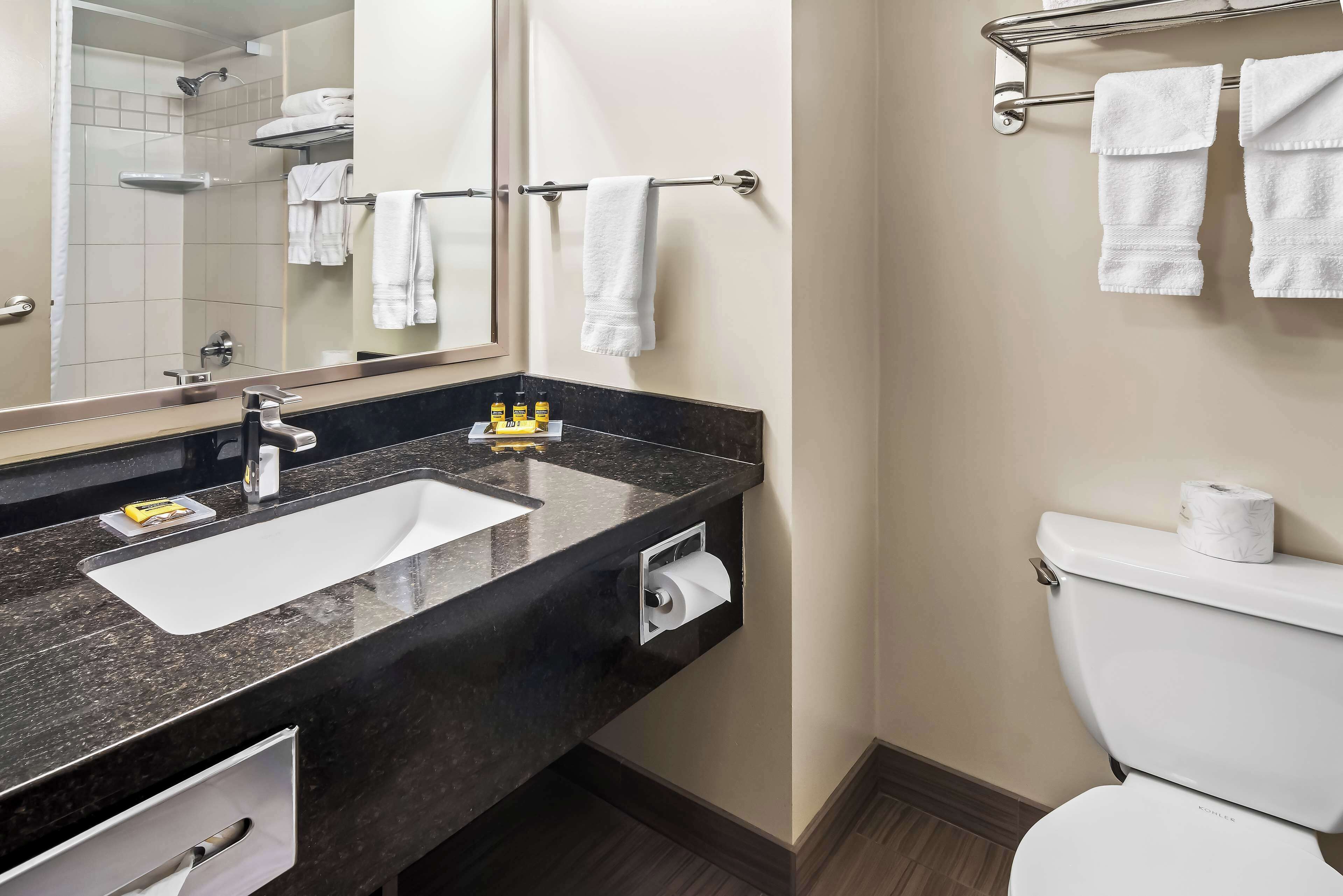Un baño moderno con lavamanos de granito, espejo, toallero y retrete.