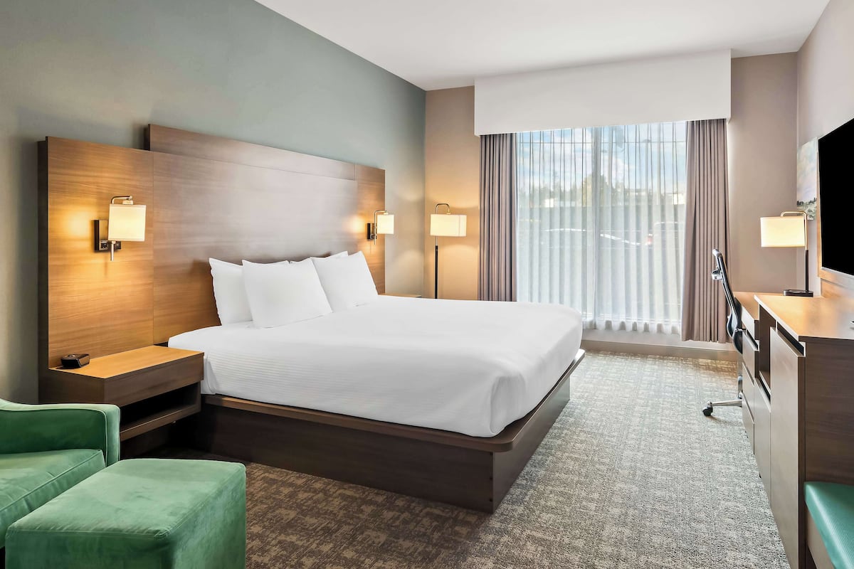 A hotel room with a large bed, a desk, a chair, and a TV.