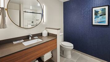 Een moderne badkamer met een houten wastafelmeubel, een ronde spiegel, een toilet en een blauwe, gestructureerde wand.