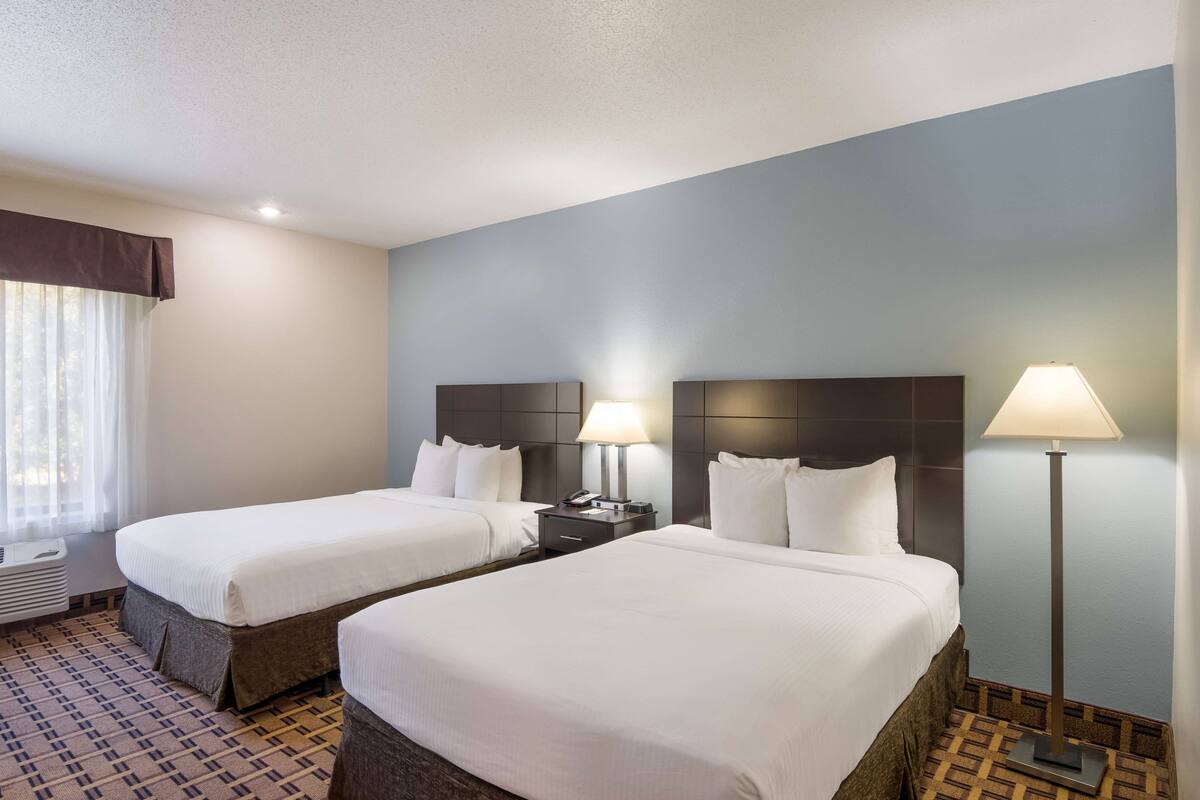 A hotel room with two beds, a nightstand with a lamp, a window with curtains, and a patterned carpet.