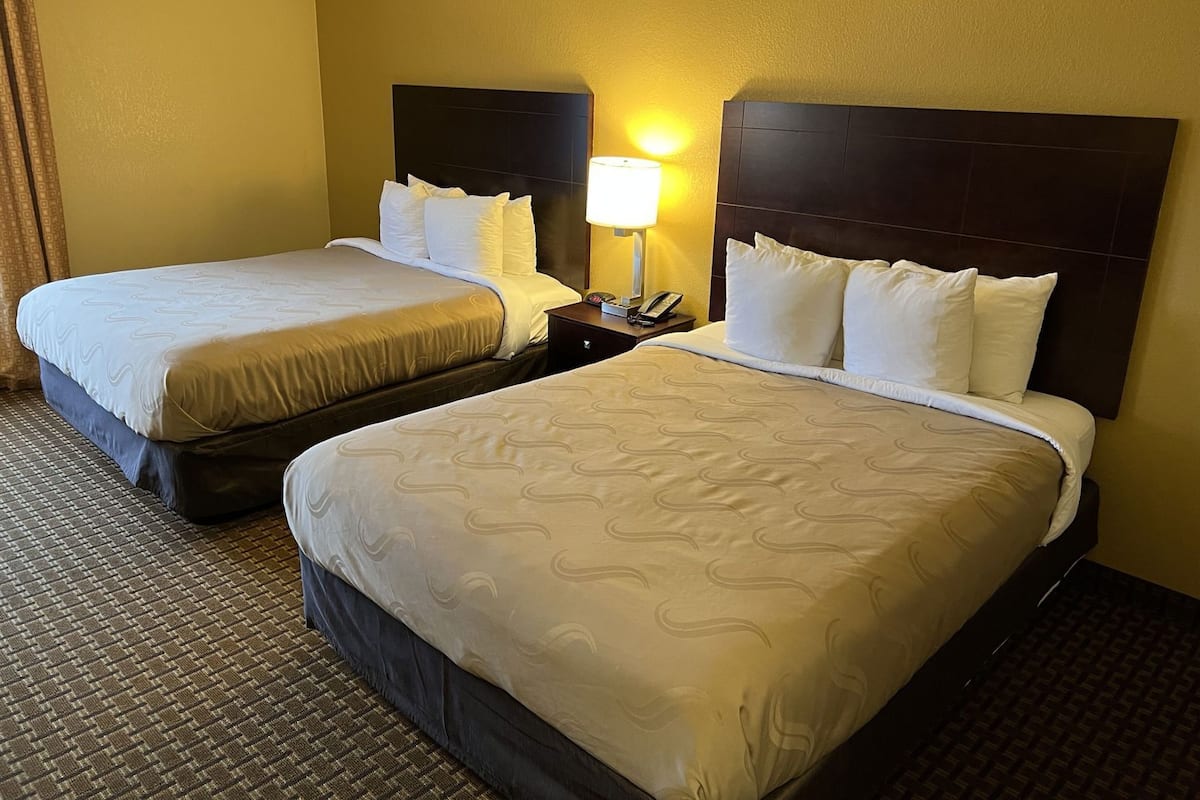 A hotel room with two beds, a nightstand with a lamp, and a patterned carpet.