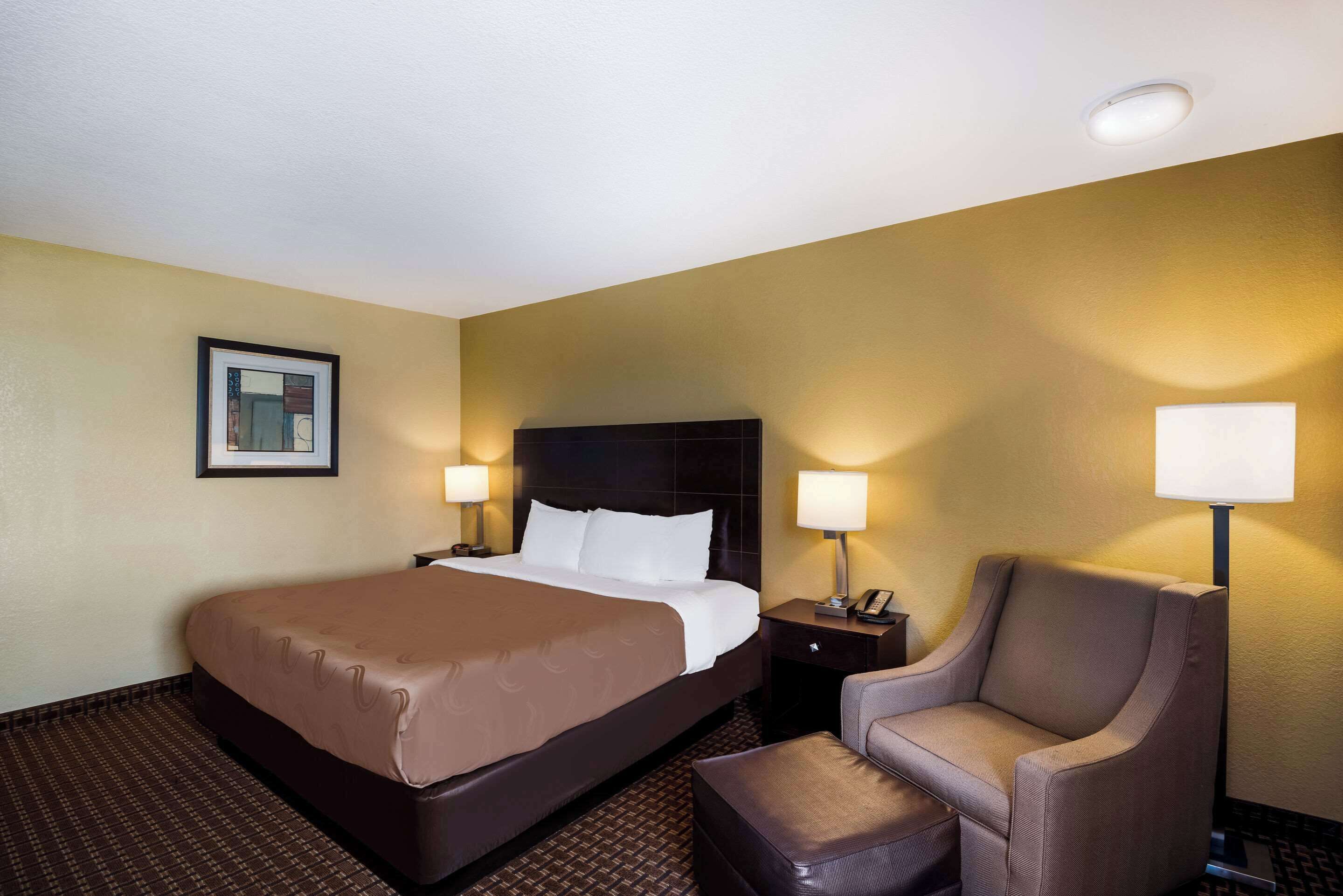 Une chambre d’hôtel avec un grand lit, une chaise, une table de chevet avec une lampe et un tableau encadré au mur.