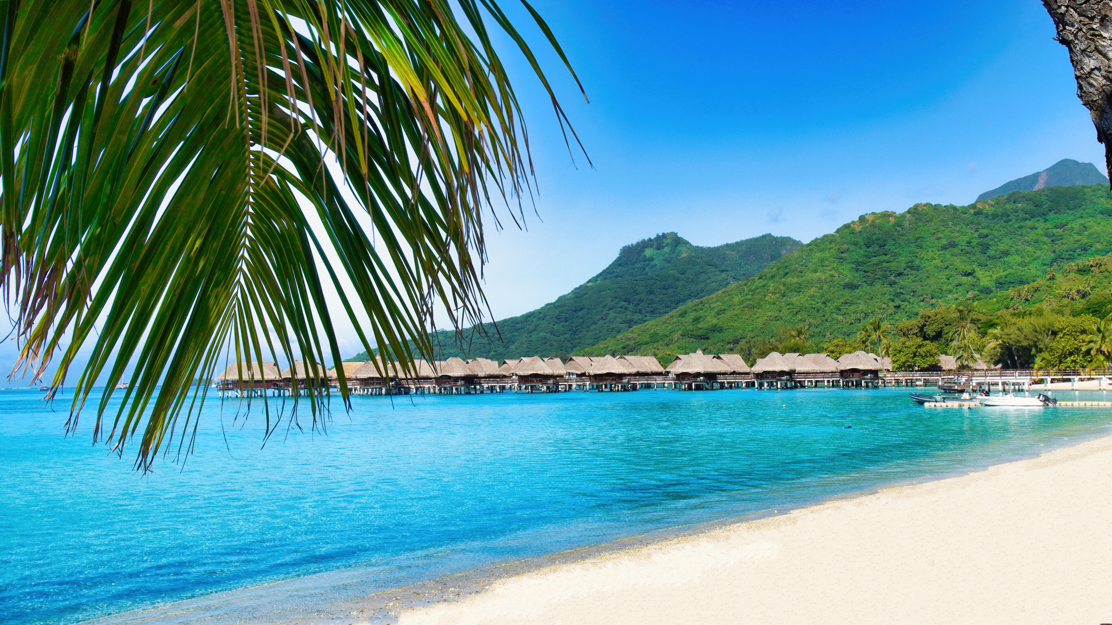 A beach with overwater bungalows, clear turquoise water, and lush green hills in the background.