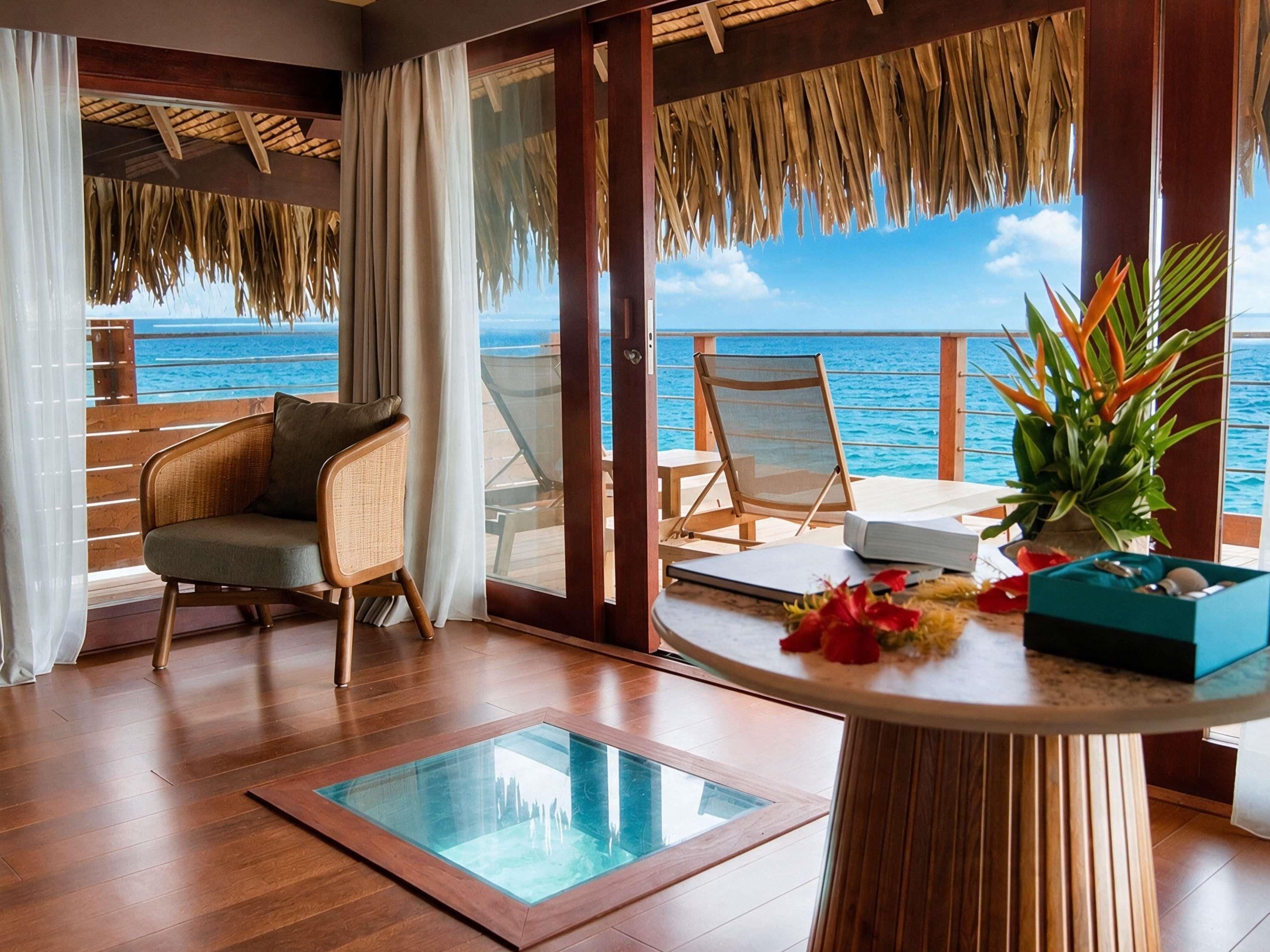 A room with a wooden floor, a glass table, a chair, a small table with a plant, and a view of the ocean.