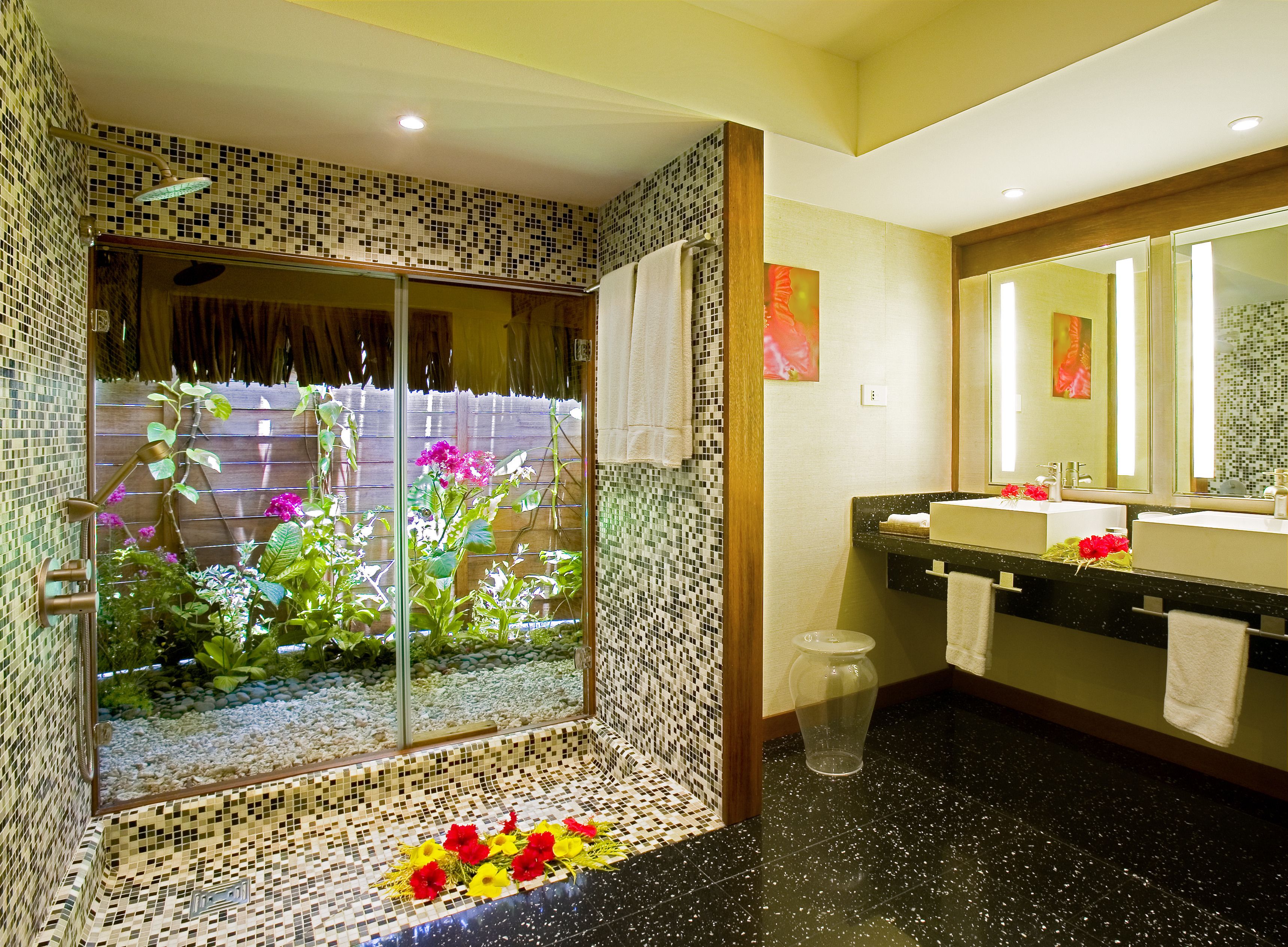 shower, rainfall showerhead, designer toiletries, hair dryer