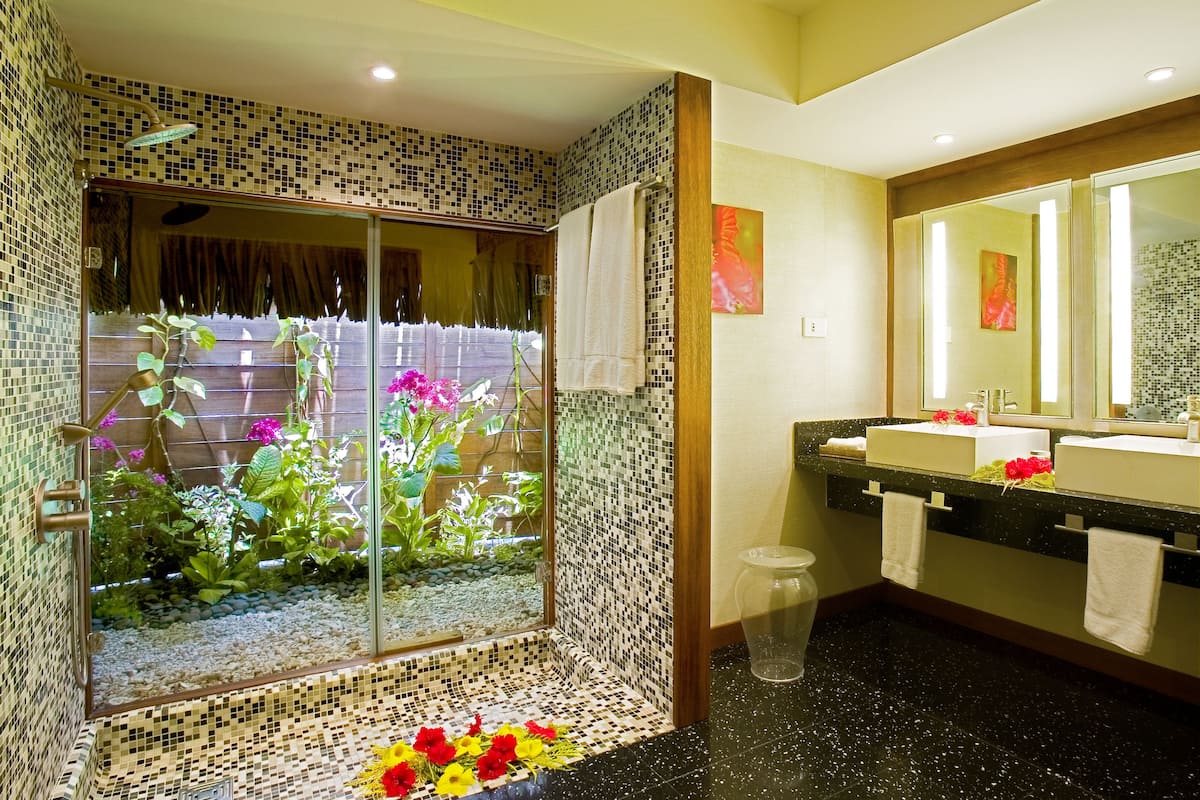 shower, rainfall showerhead, designer toiletries, hair dryer