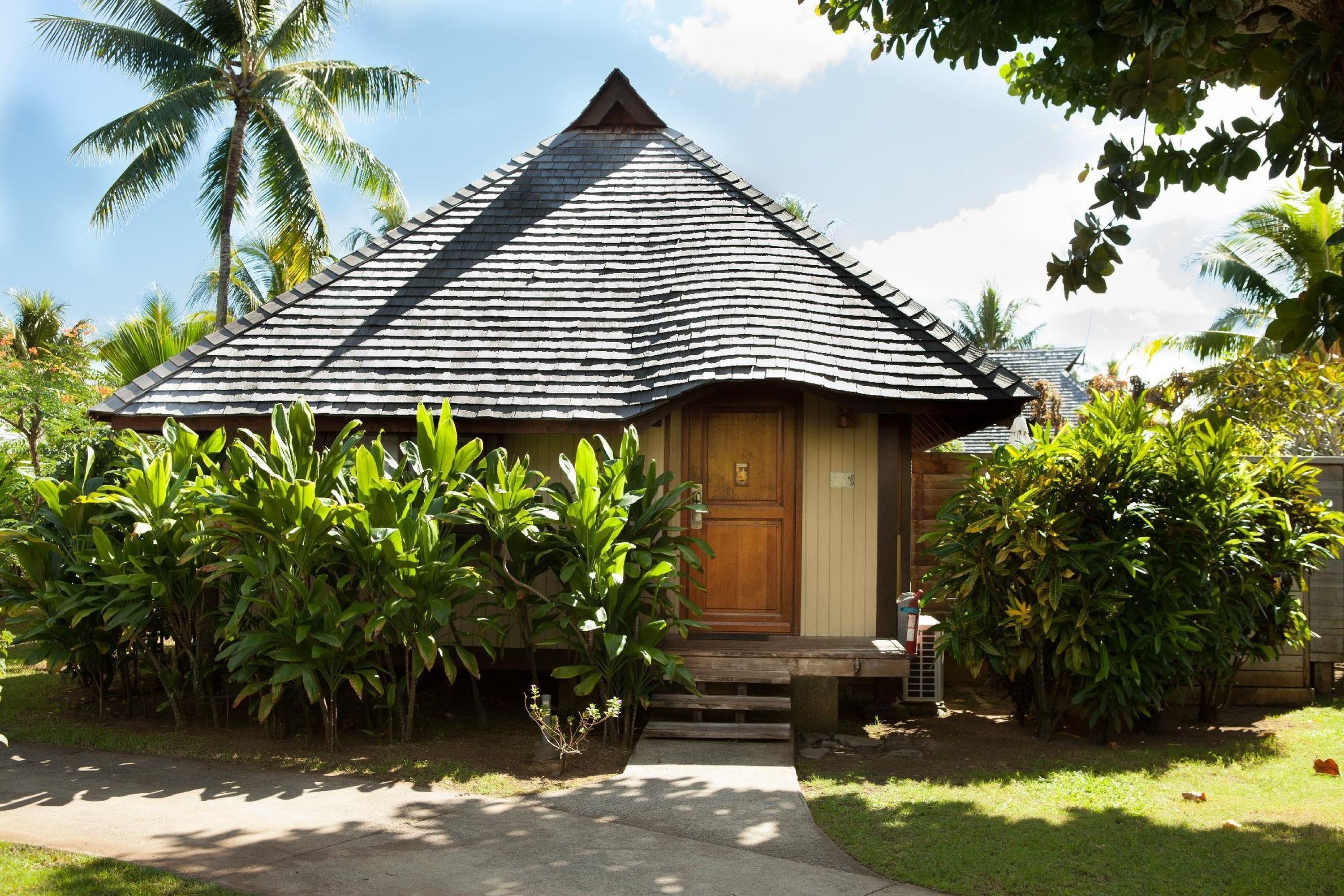 A single-story building with a sloped roof, surrounded by lush greenery and palm trees.