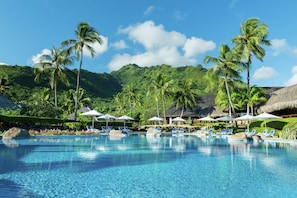 Outdoor pool, pool umbrellas, pool loungers