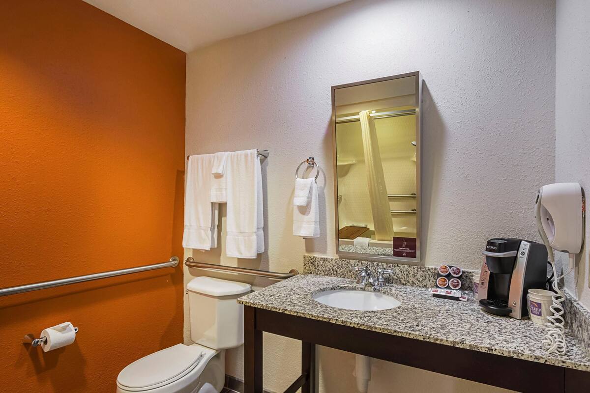 A bathroom with a white toilet, a sink with a coffee maker, and a mirror.