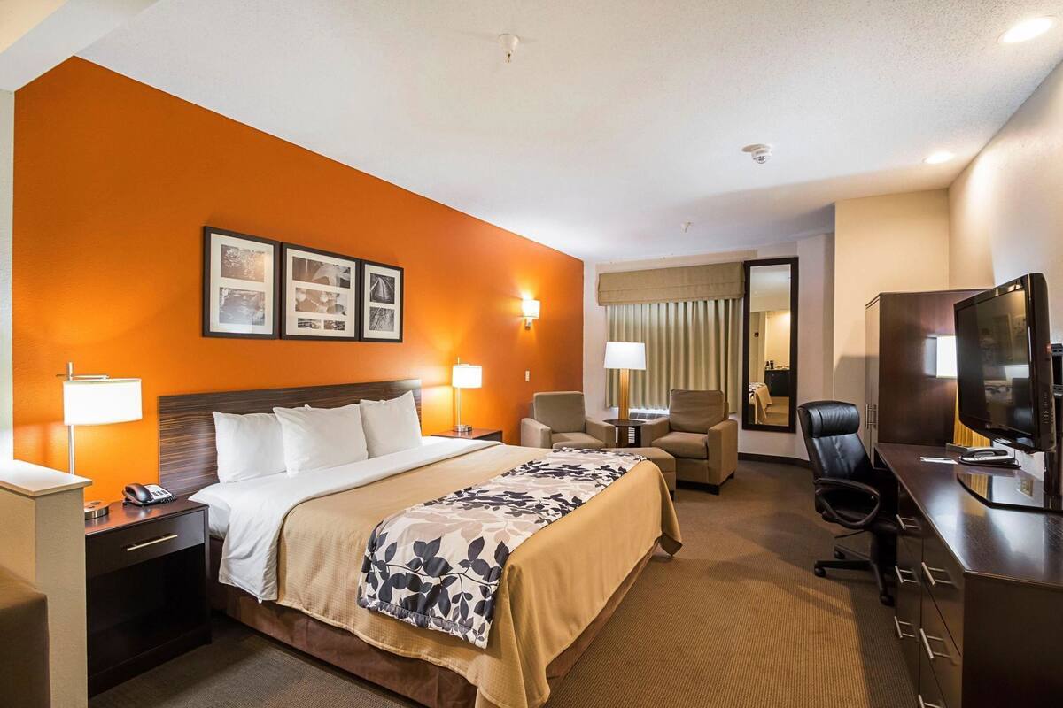 A hotel room with a large bed, a desk with a TV, a chair, and a desk lamp.