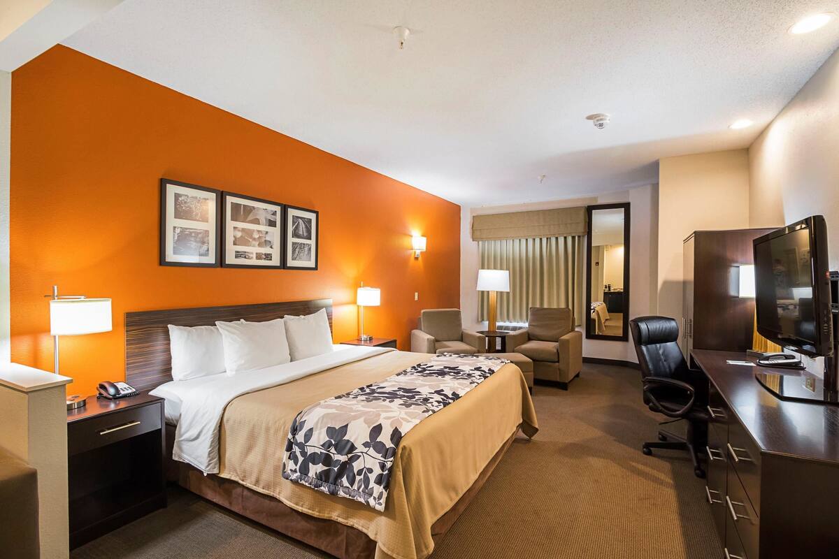 A hotel room with a large bed, a desk with a television, a chair, and a desk lamp.
