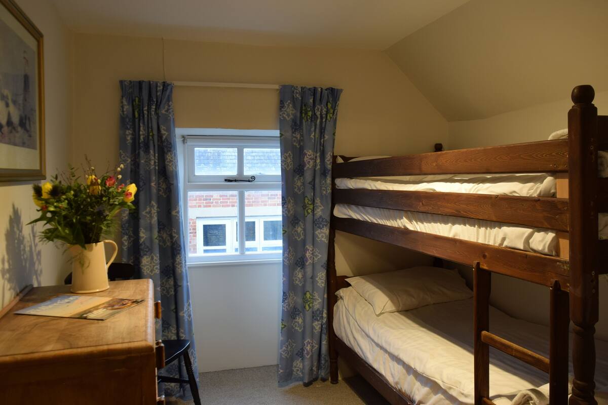 A dormitory room with a bunk bed, a desk with a chair, a potted plant, and a window with curtains.