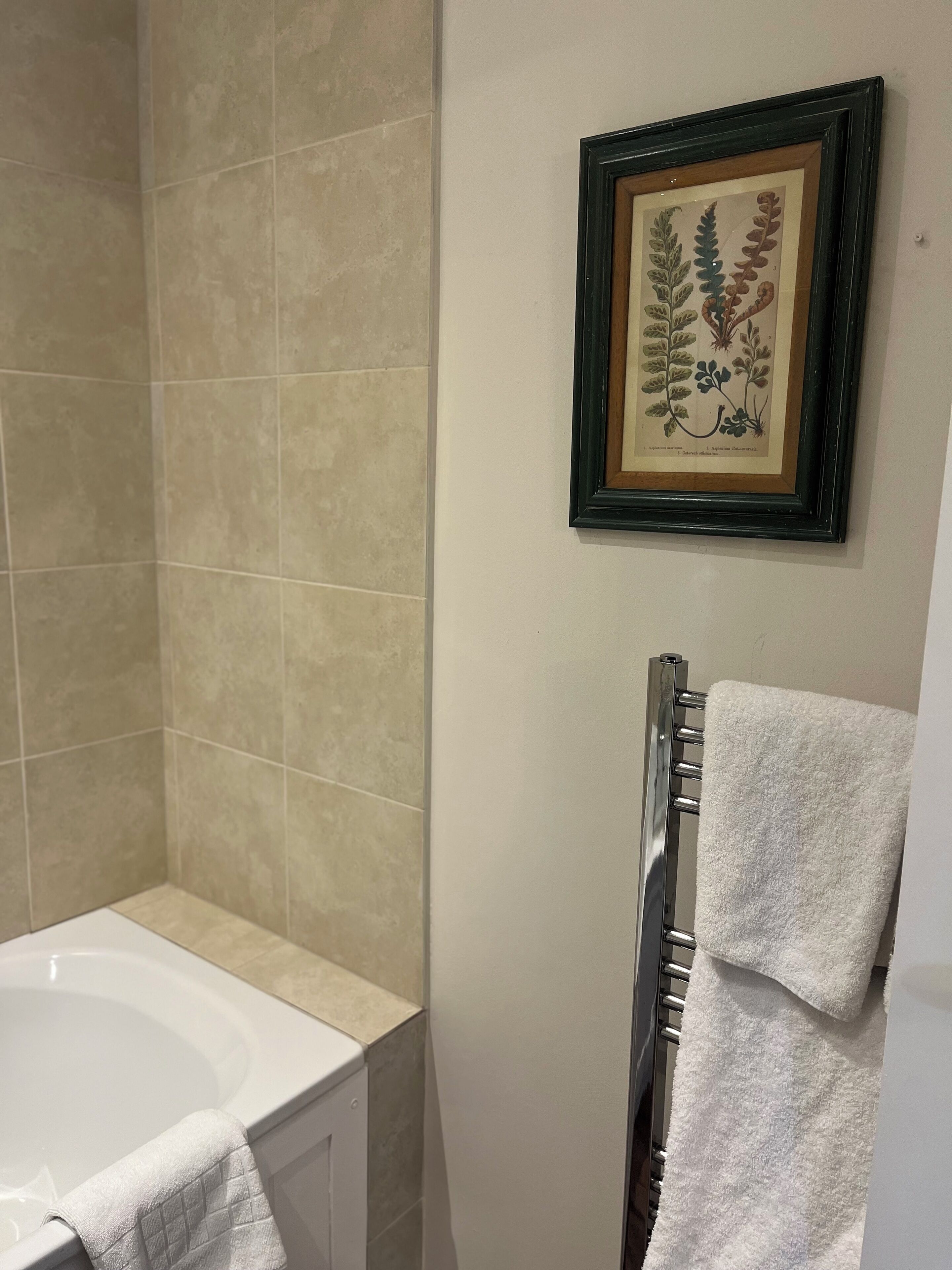 Un baño con una bañera, un perchero con dos toallas e ilustración botánica enmarcada en la pared.