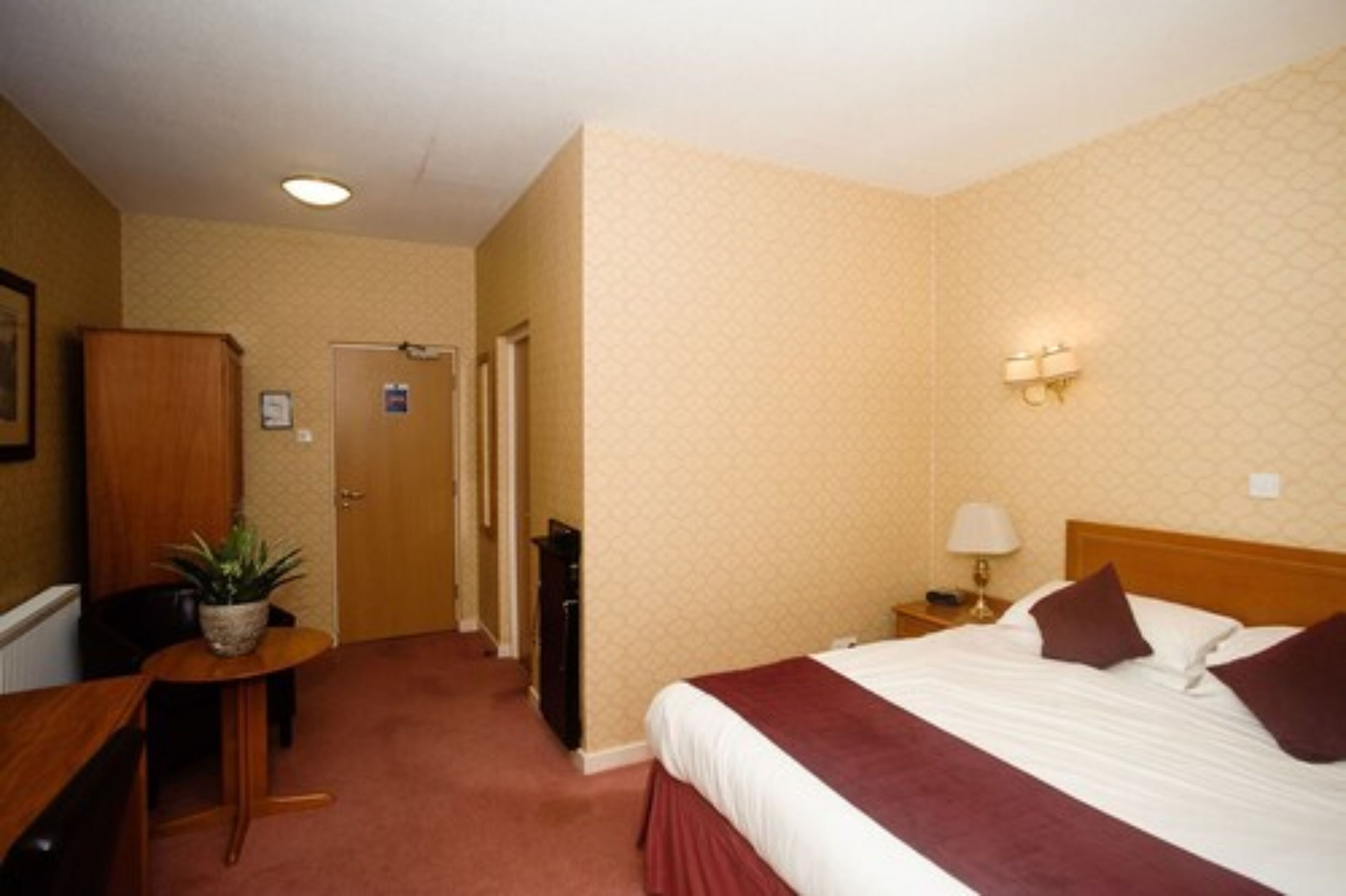 Una habitación de hotel con cama, mesita de noche, lámpara y una pequeña mesa con una planta.