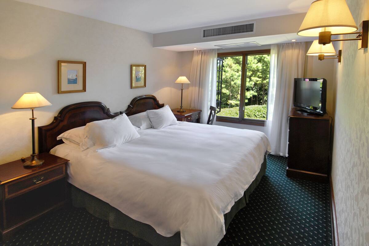 Une chambre d’hôtel avec un grand lit, deux tables de chevet avec des lampes, une télévision et une fenêtre avec des rideaux.