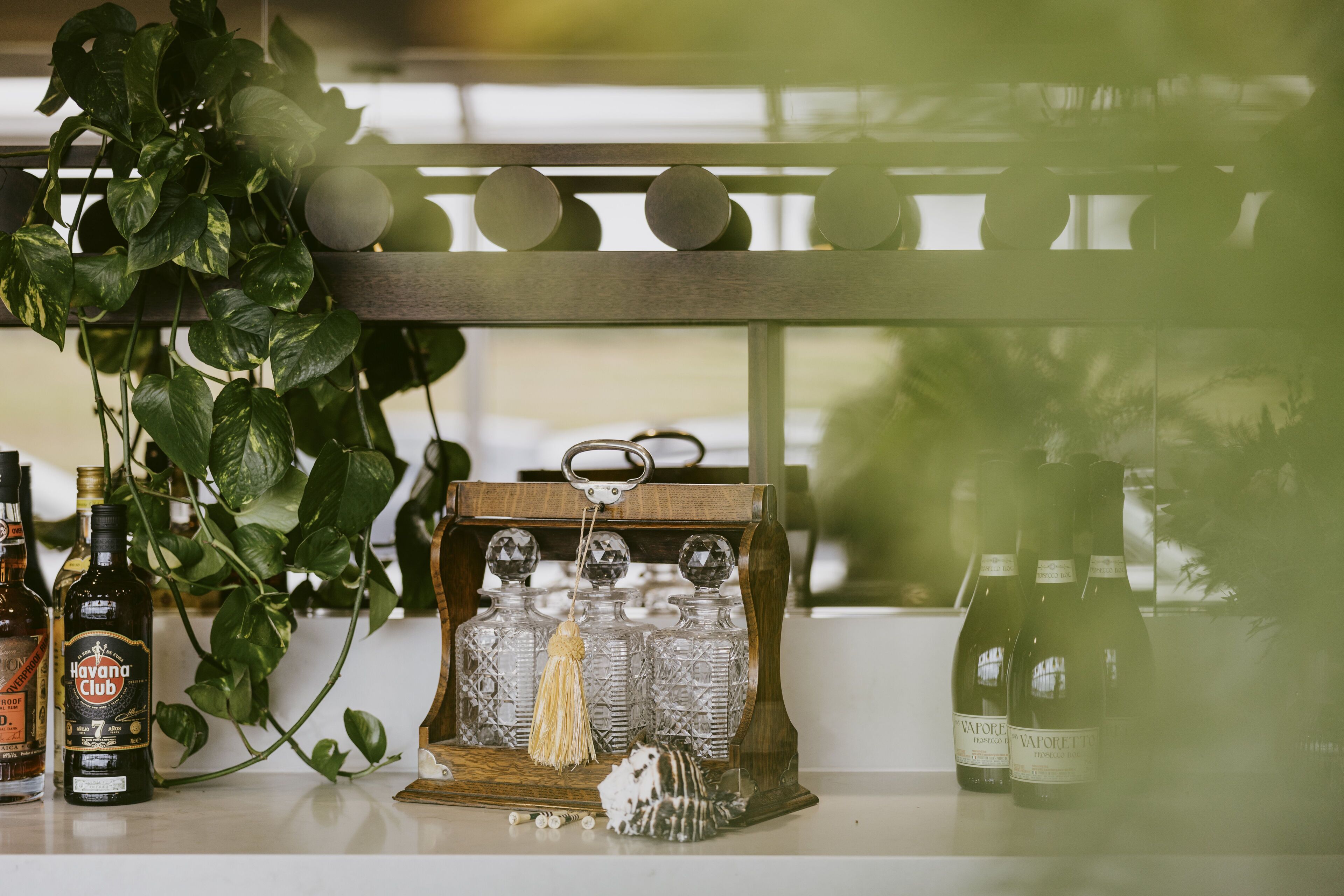 A bar area with bottles of Havana Club and Vagoletto wine, a decorative glass bottle holder, and a hanging plant.