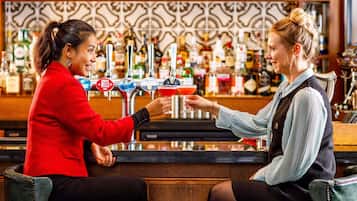 Eine Bar mit einem Barkeeper und einem Gast.