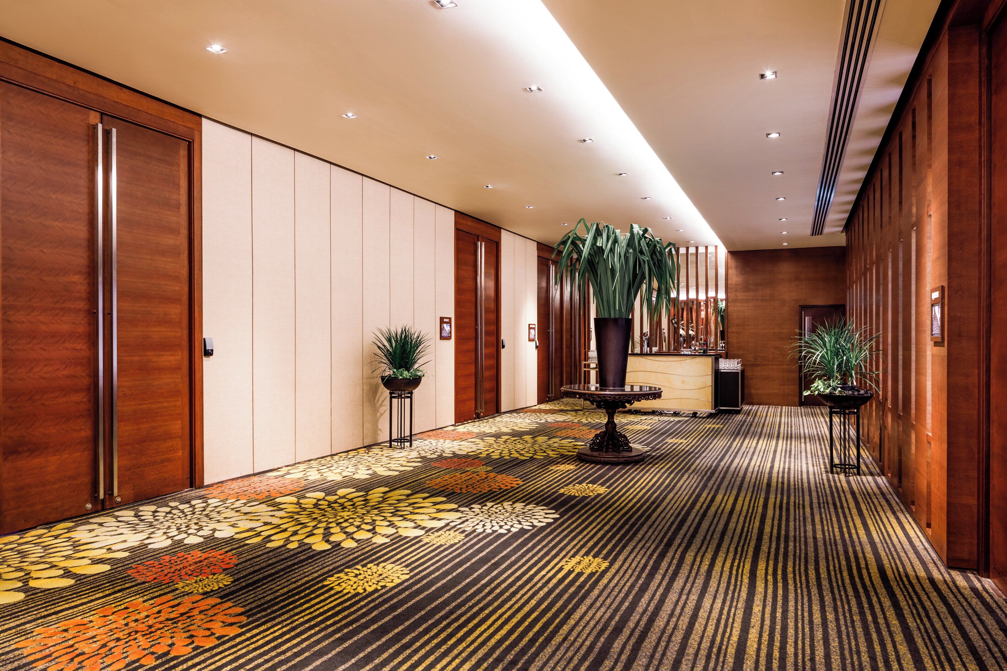 A hotel corridor with wooden paneling, a patterned carpet, and potted plants.
