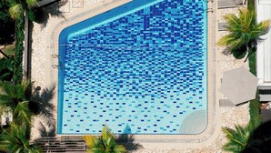 Luftaufnahme eines Schwimmbeckens, umgeben von Palmen und einem Steinweg.