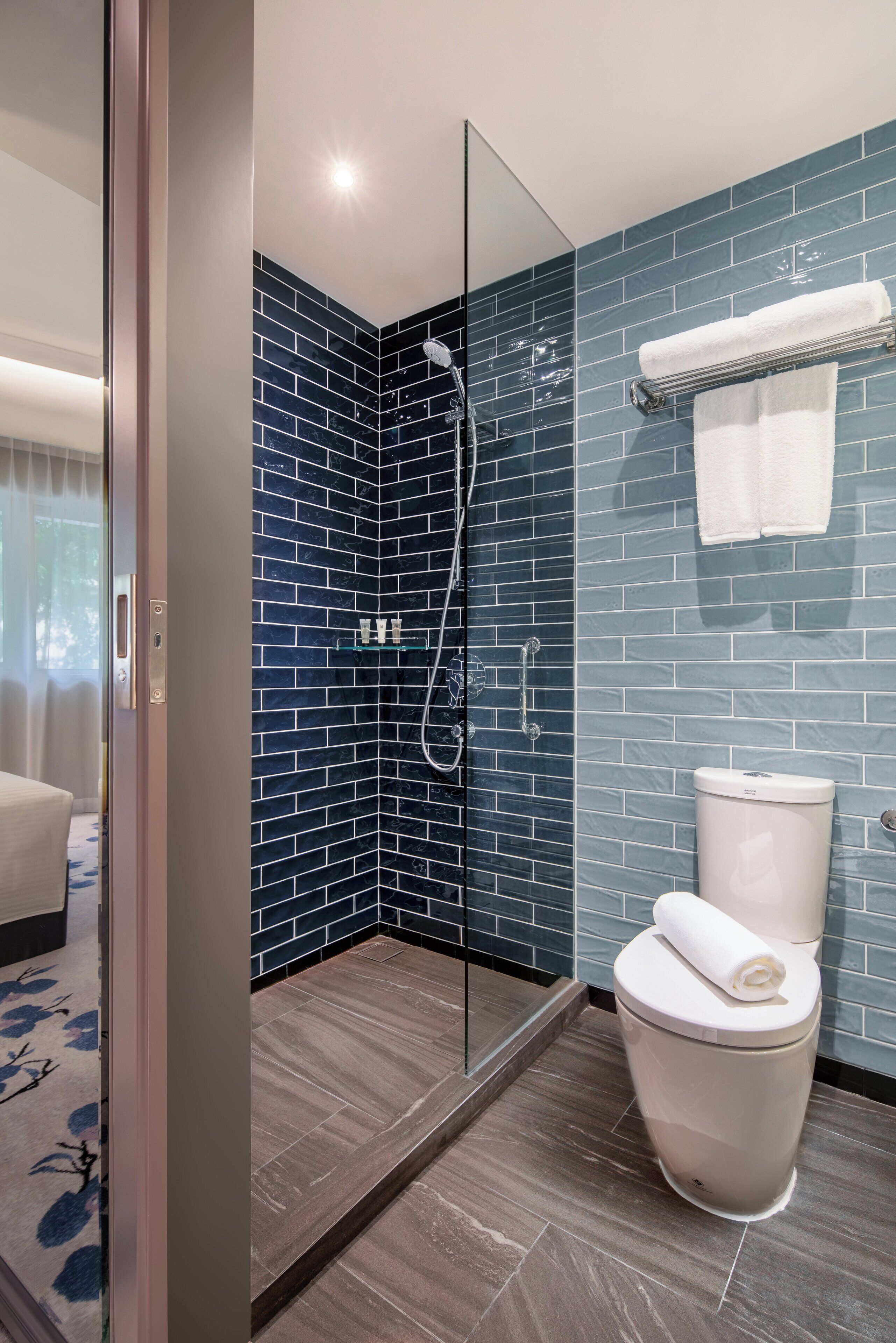 A modern bathroom with a glass shower enclosure, a white toilet, and a blue-tiled wall.