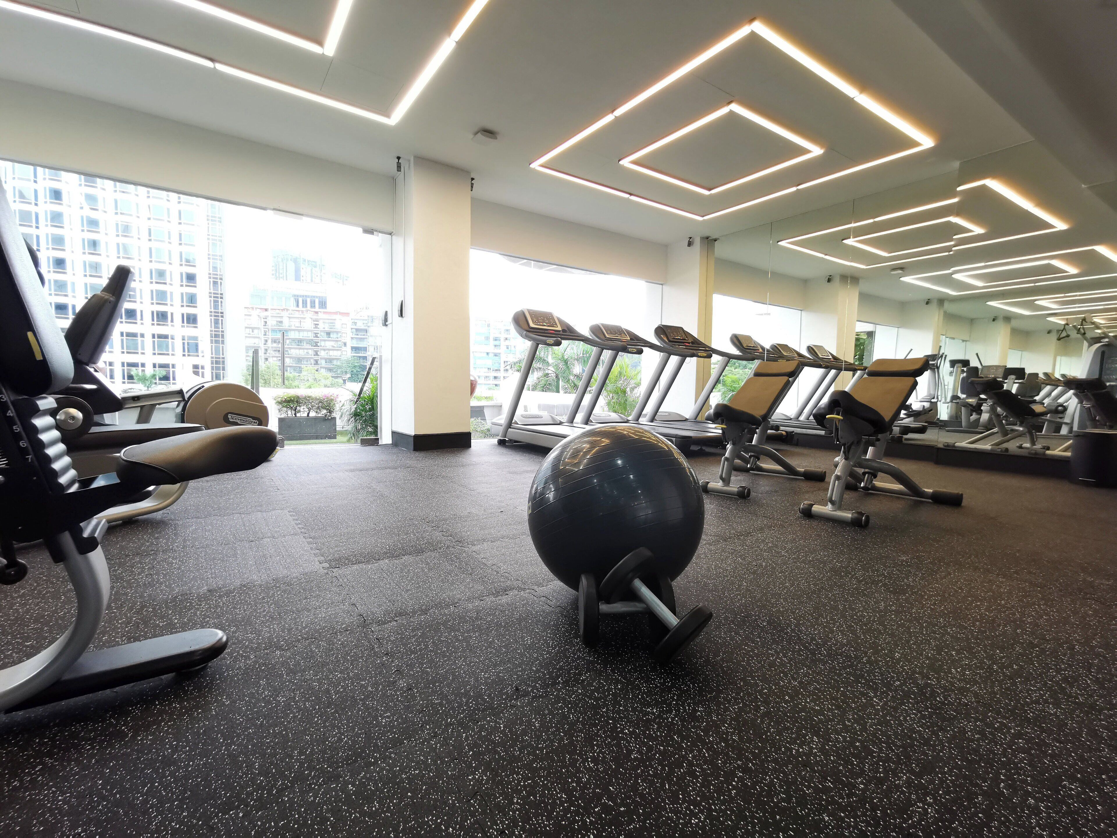 A gym with treadmills, exercise balls, and weight machines.