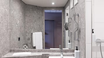 Shower, rainfall showerhead, eco-friendly toiletries, hair dryer