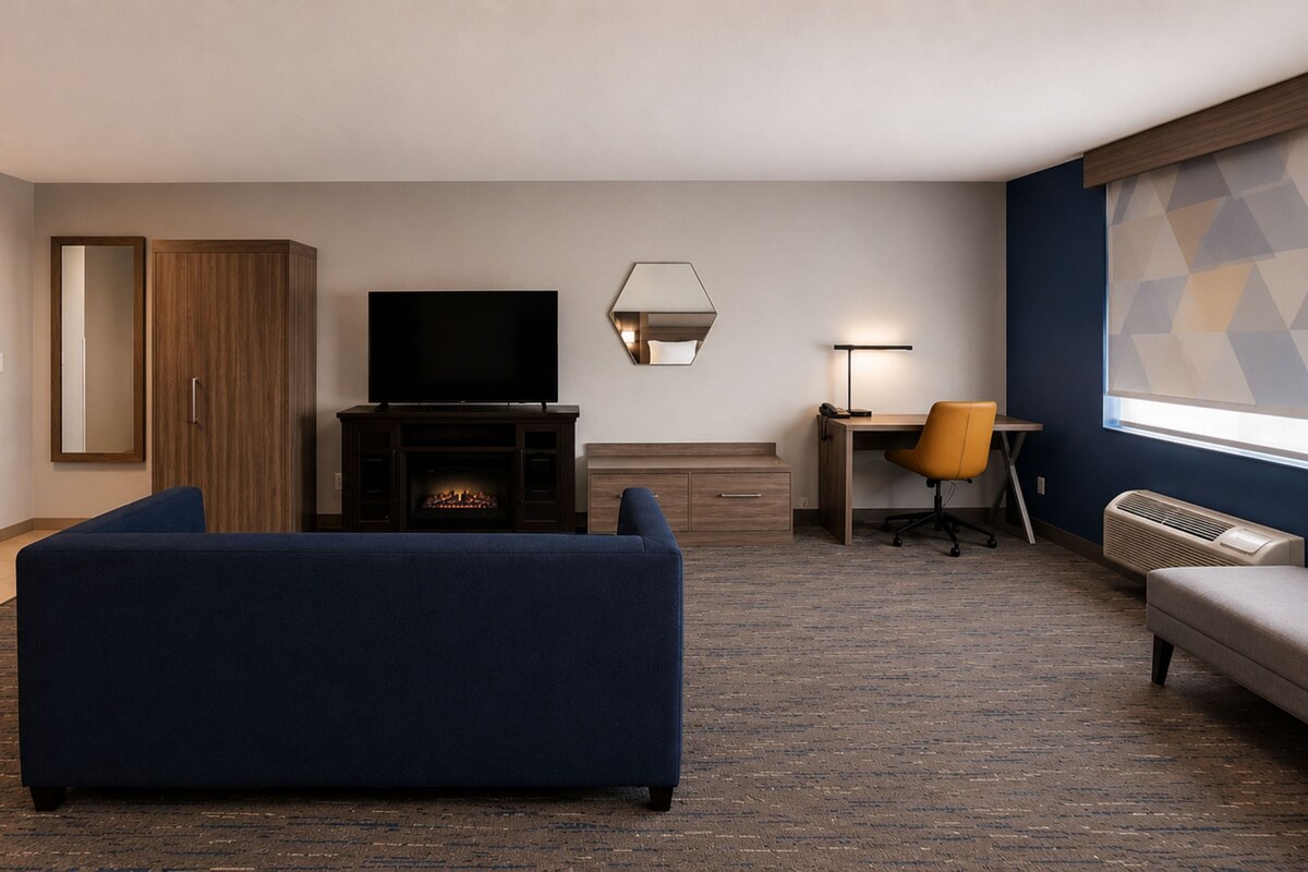 A hotel room with a sofa, a TV, a desk with a chair, a fireplace, and a large window with a geometric pattern.