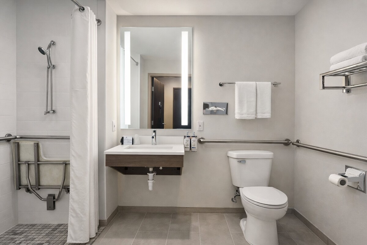 A modern bathroom with a shower, toilet, sink, and grab bars.