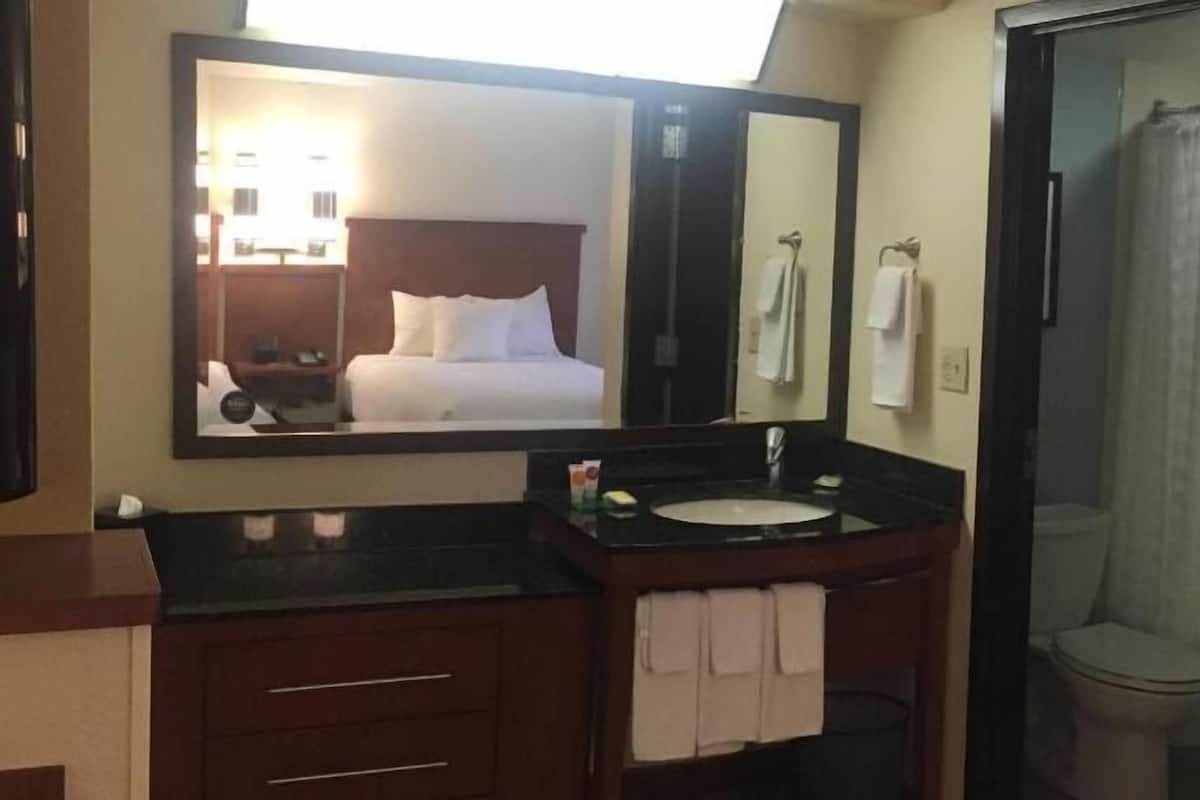 A hotel bathroom with a large mirror, a sink, a toilet, and a shower.