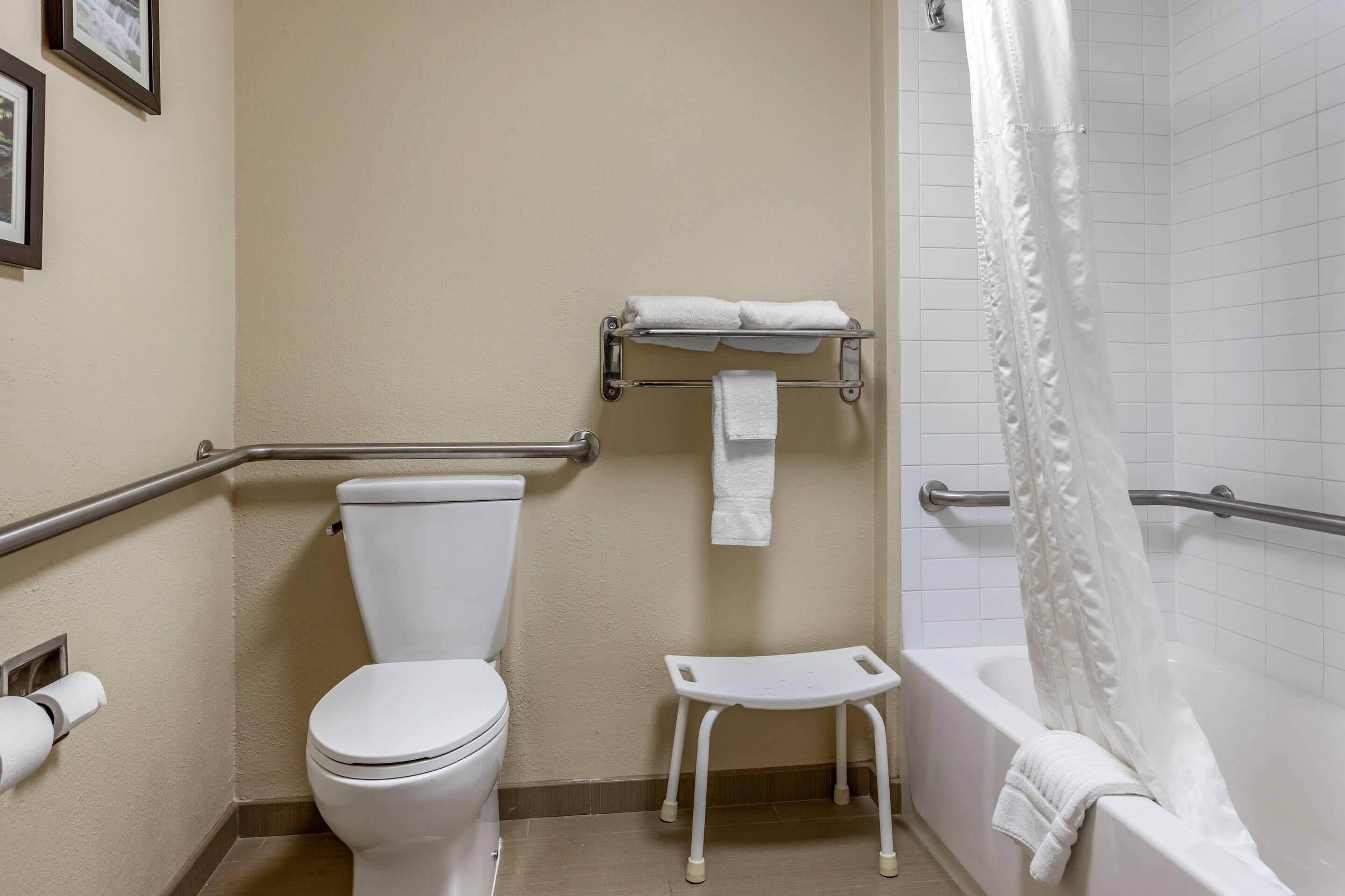 Ein Badezimmer mit Toilette, einer kleinen Stufe, einem Handtuchhalter und einer Dusche mit Vorhang.