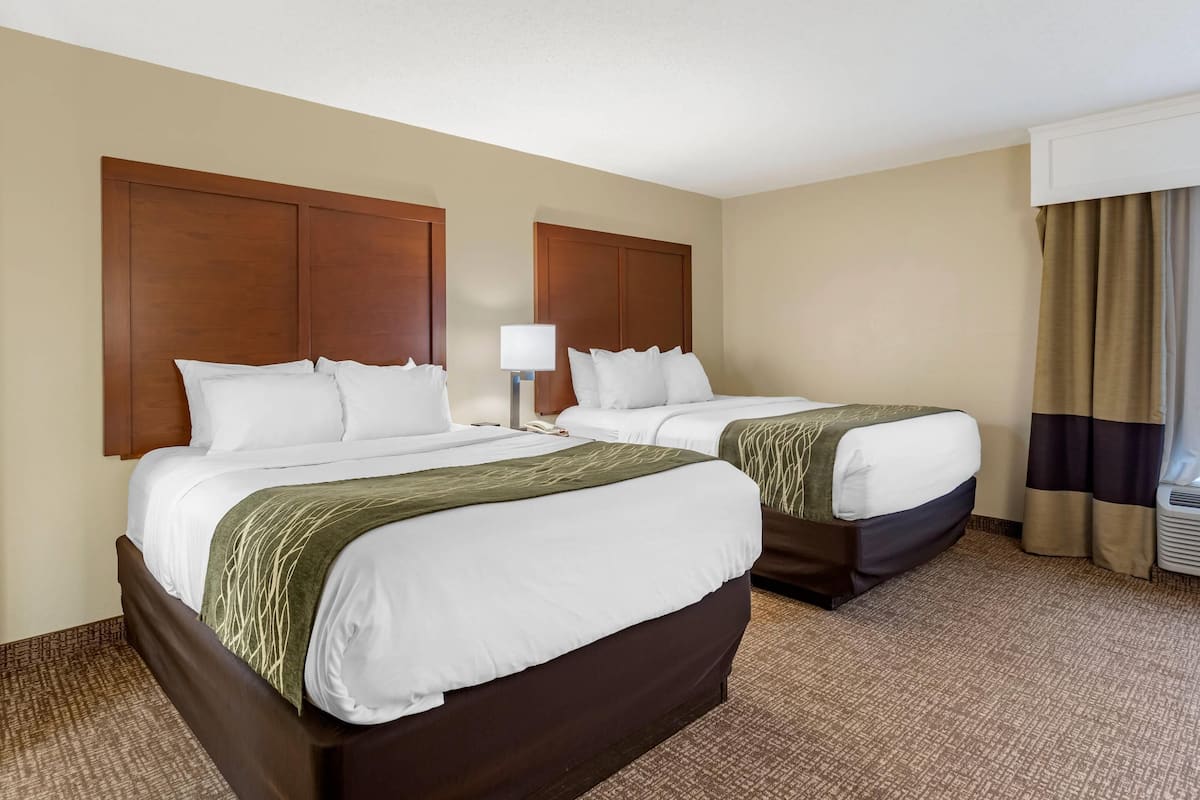 A hotel room with two beds, a nightstand, a lamp, and a window with curtains.